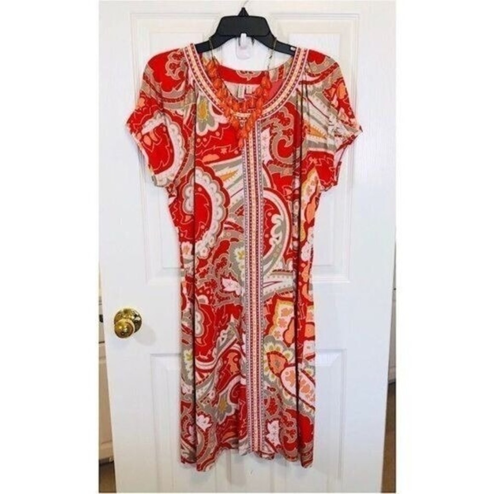 Madison Red Paisley Sequin Embellished Shift Dress Womens XL Short Sleeve Boho